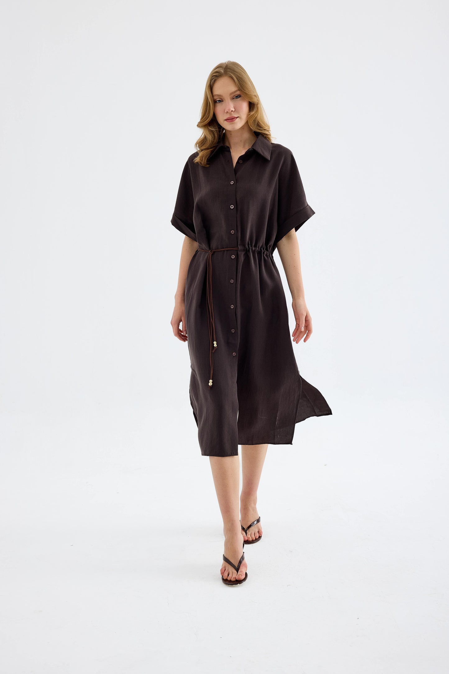 Solenne Cotton Midi Shirt Dress - Brown