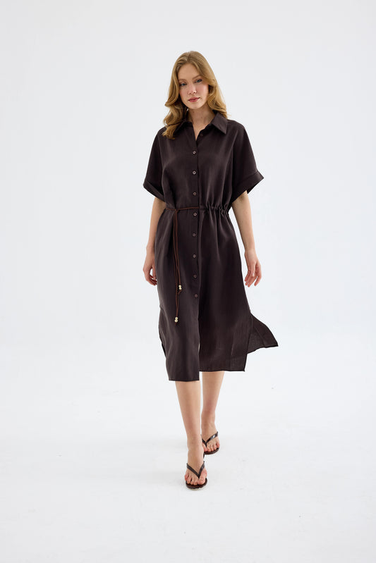 Solenne Cotton Midi Shirt Dress - Brown