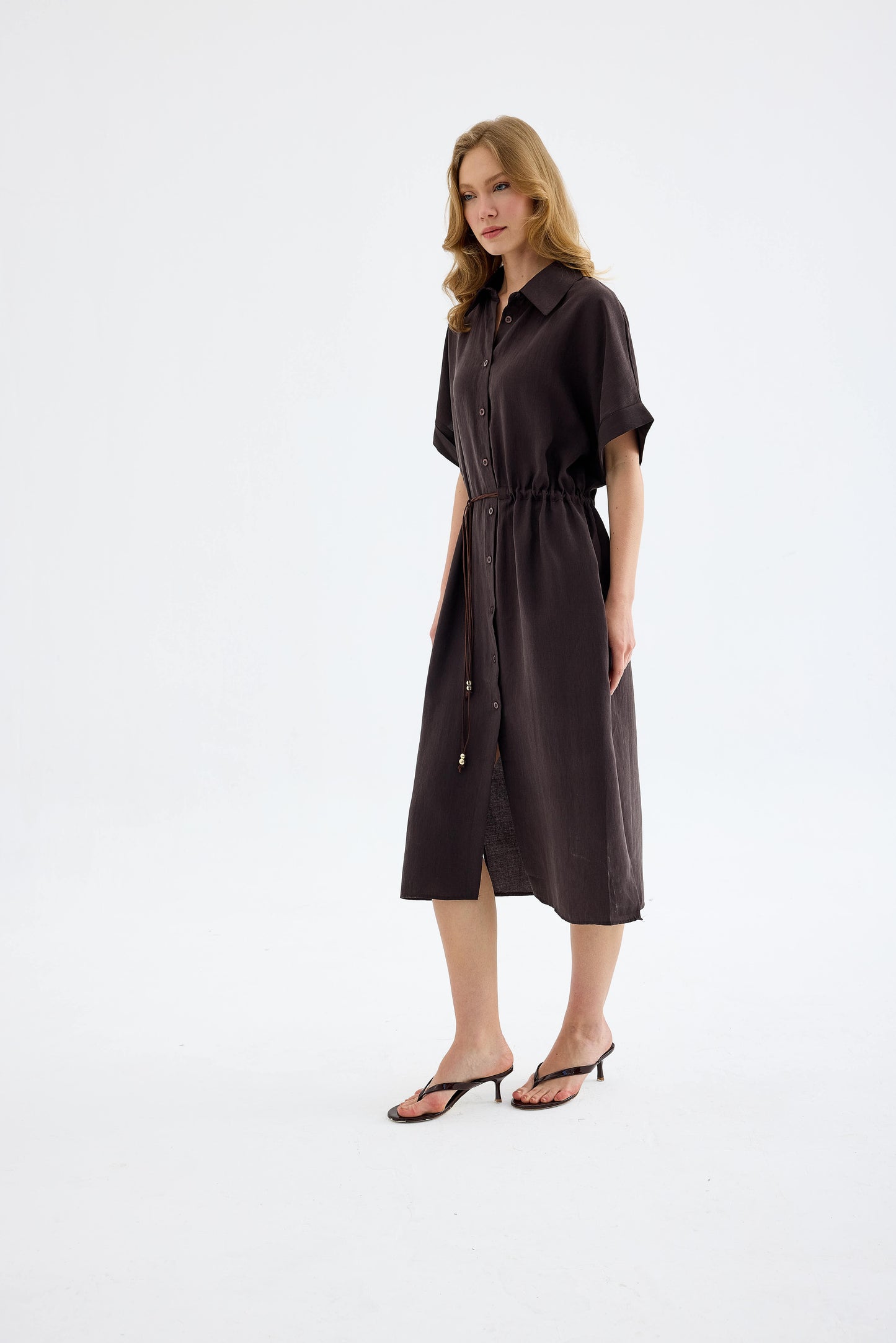 Solenne Cotton Midi Shirt Dress - Brown