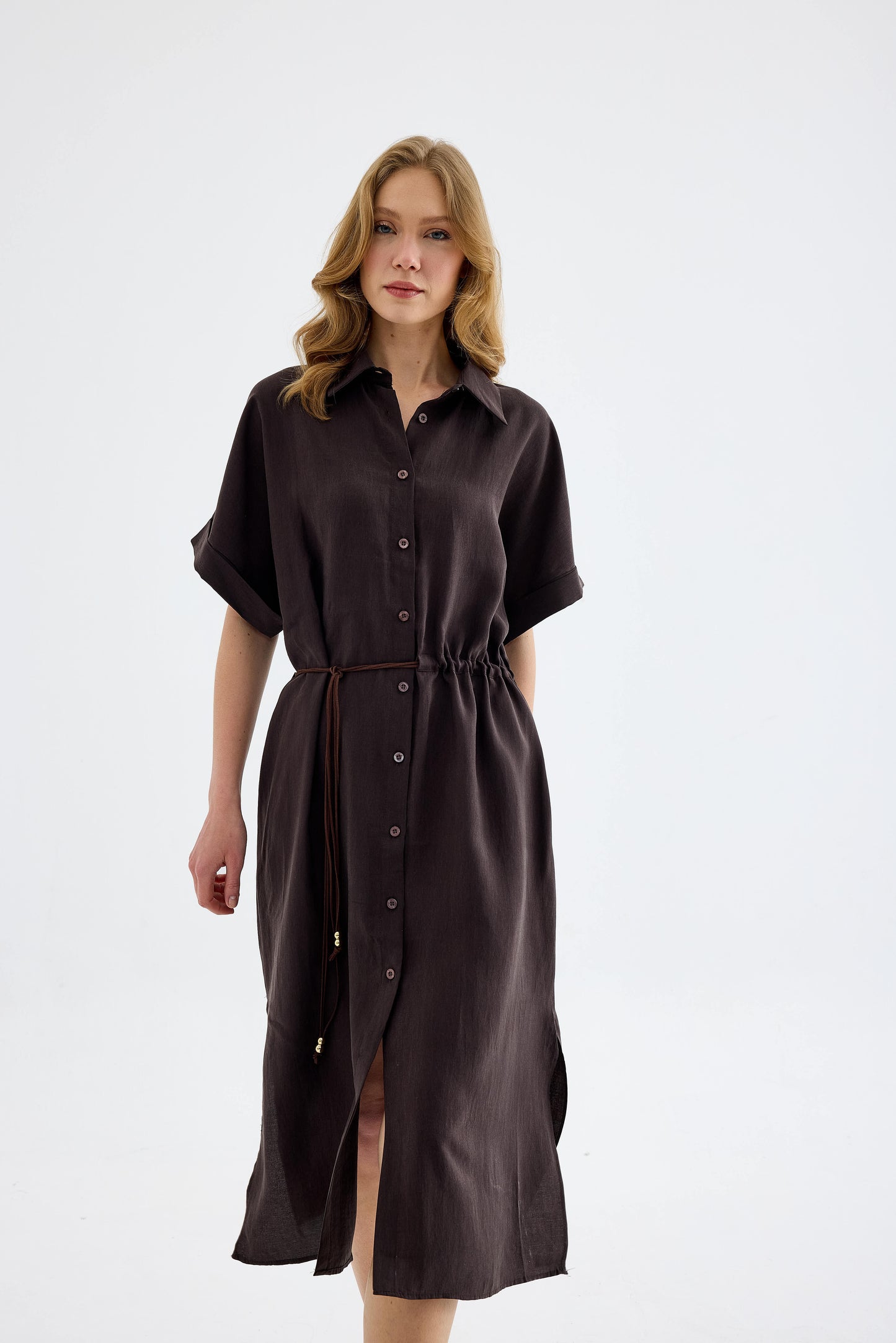 Solenne Cotton Midi Shirt Dress - Brown