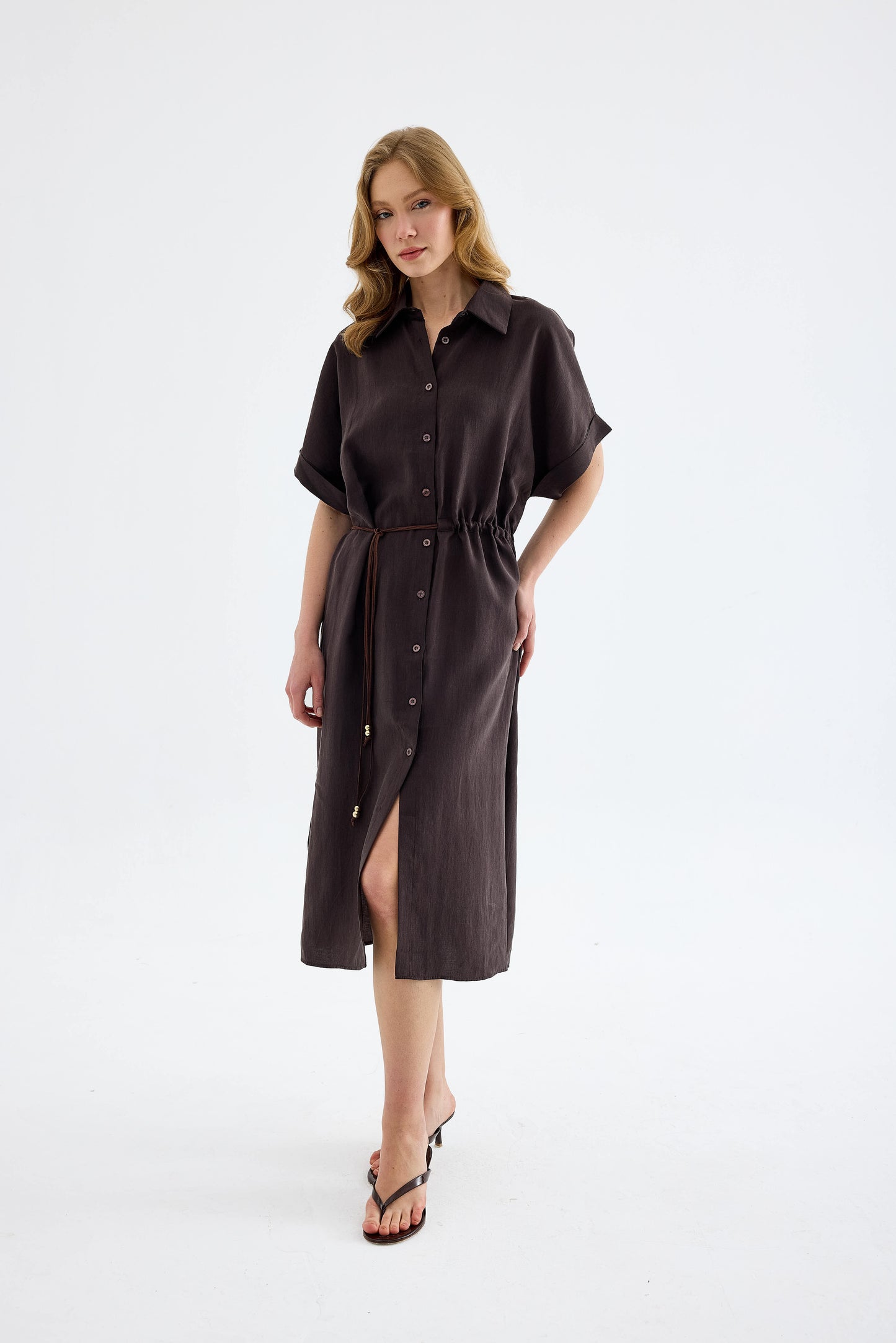 Solenne Cotton Midi Shirt Dress - Brown