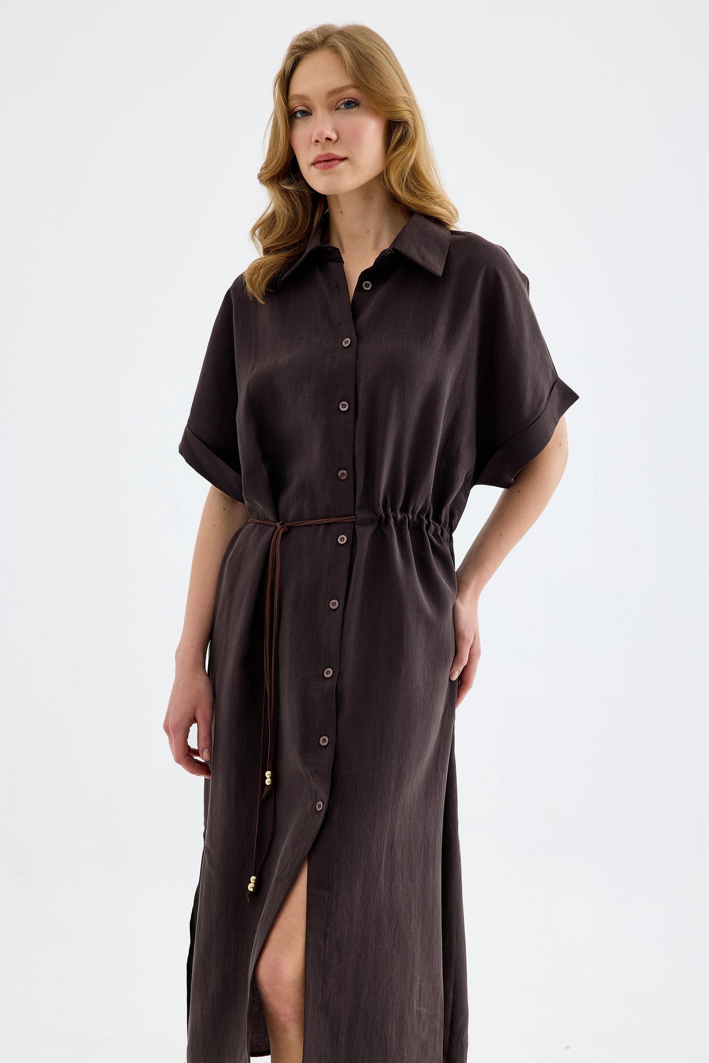 Solenne Cotton Midi Shirt Dress - Brown