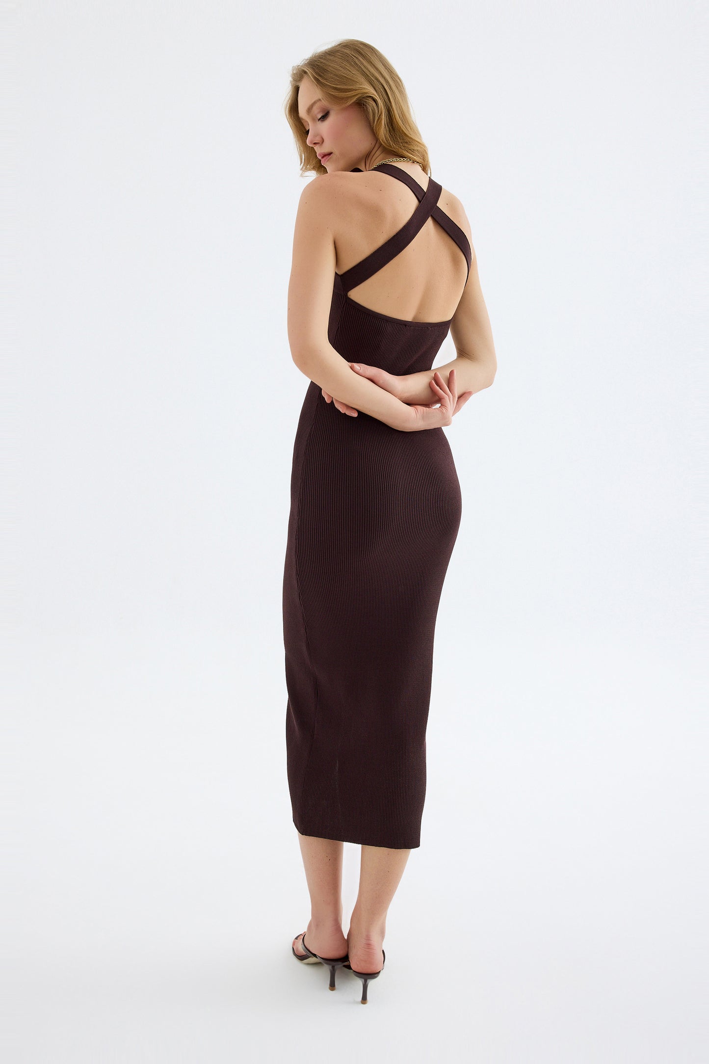 Azura Knit Crisscross Back Bodycon Midi Dress - Brown
