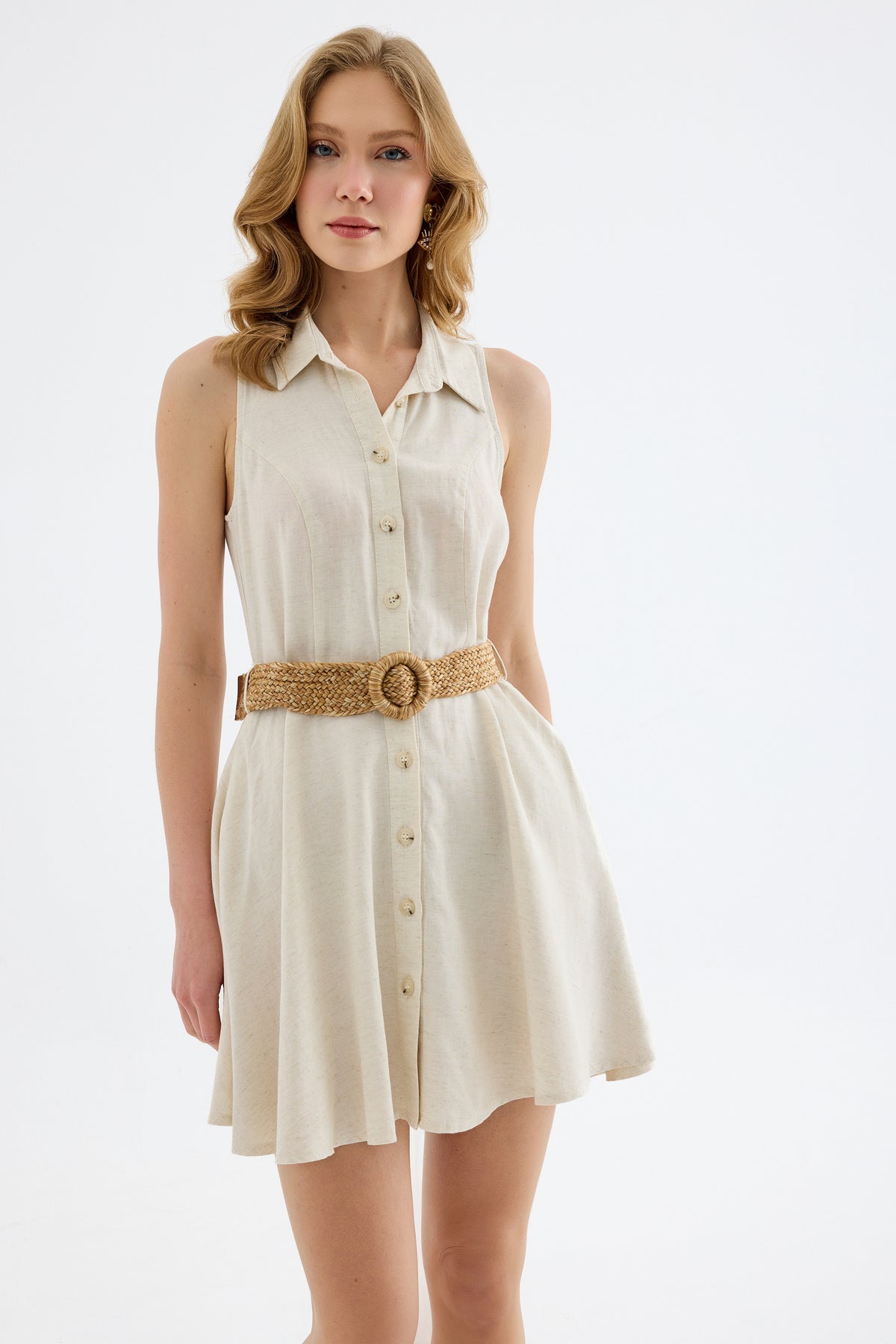 Mono Belted Mini Shirt Dress - Beige