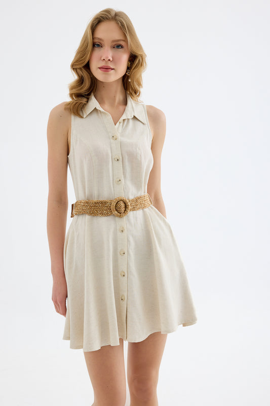 Mono Belted Mini Shirt Dress - Beige