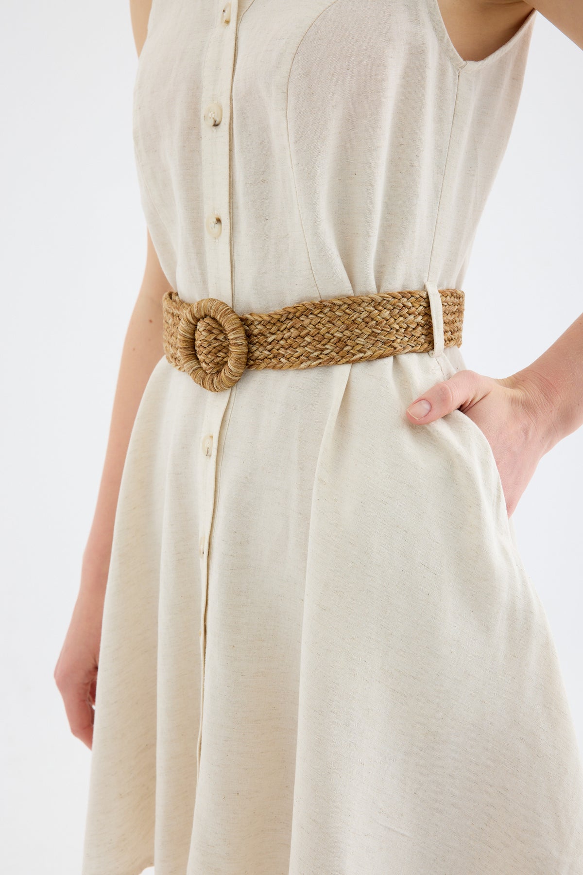 Mono Belted Mini Shirt Dress - Beige