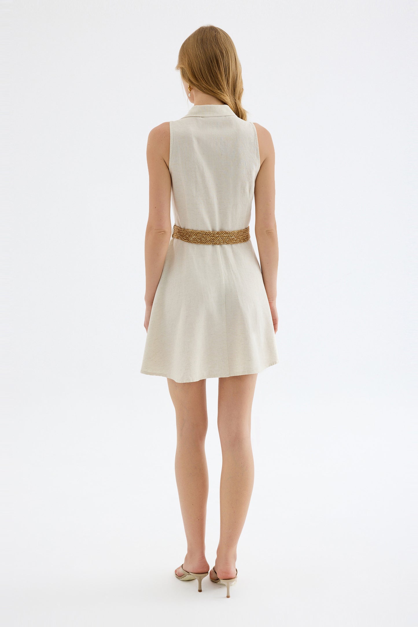 Mono Belted Mini Shirt Dress - Beige
